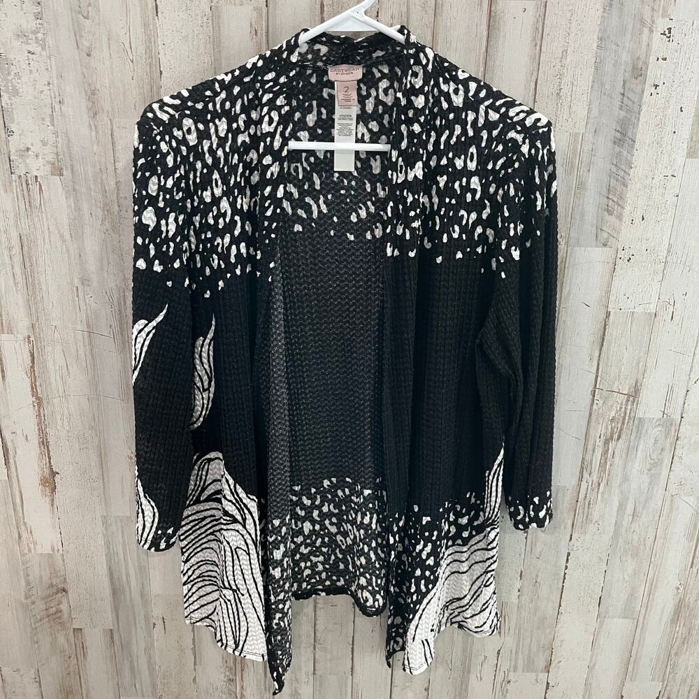 Easywear by Chico's Black White Open Front Stretchy Cardigan Jacket Womens L